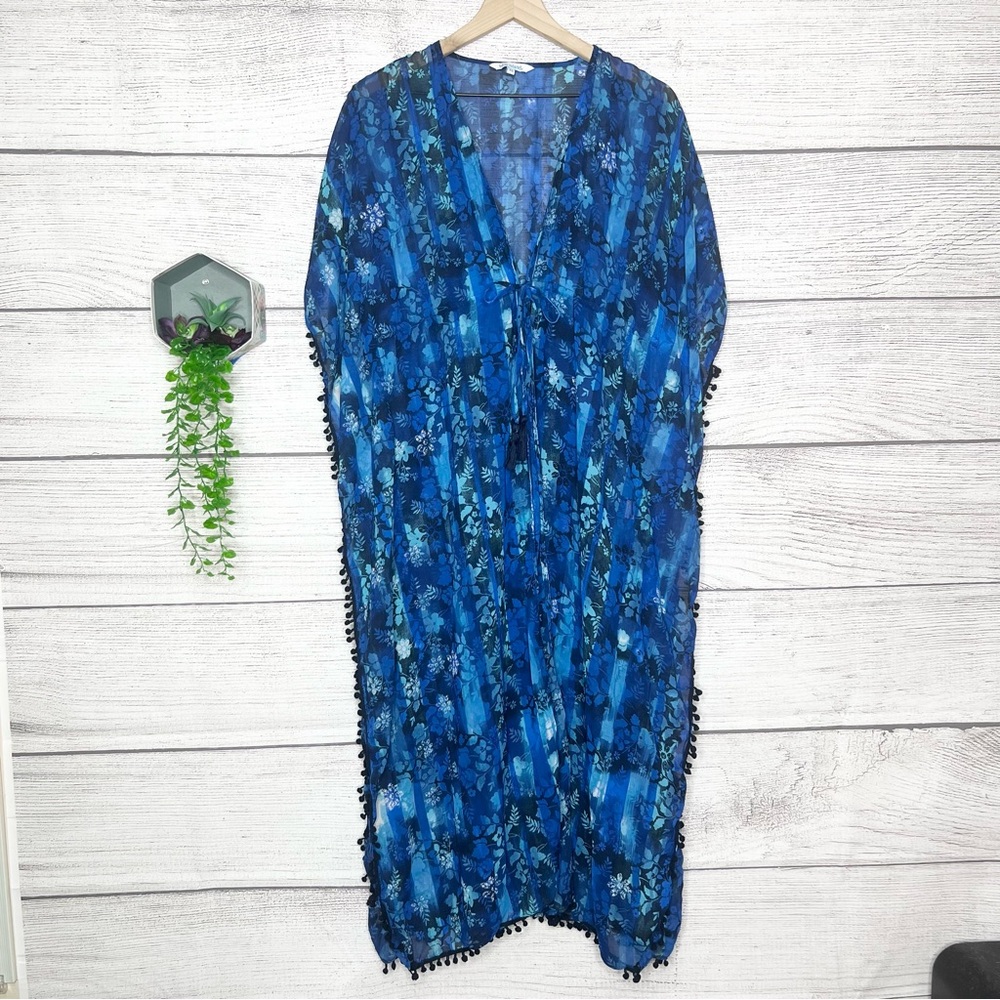 Blue Island Bohemian Blue Floral Swim Cover Up Beach Kaftan Kimono Size XS